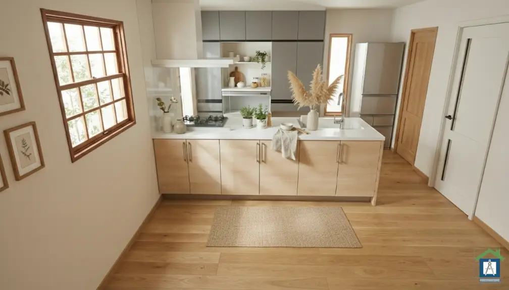 薄い木目のキッチンとグレーのカップボードを組み合わせた北欧カフェ風パース。薄い木目×グレーの配色