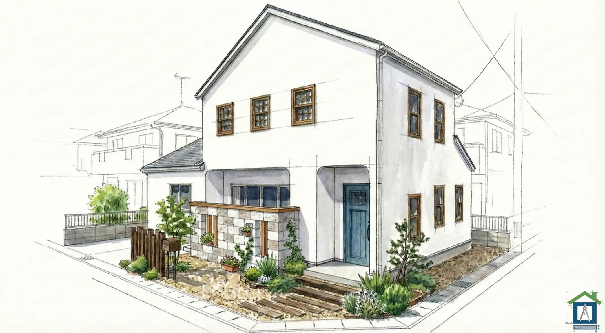 デザイン性のある石張りやスリットを入れた目隠し塀の外観パース