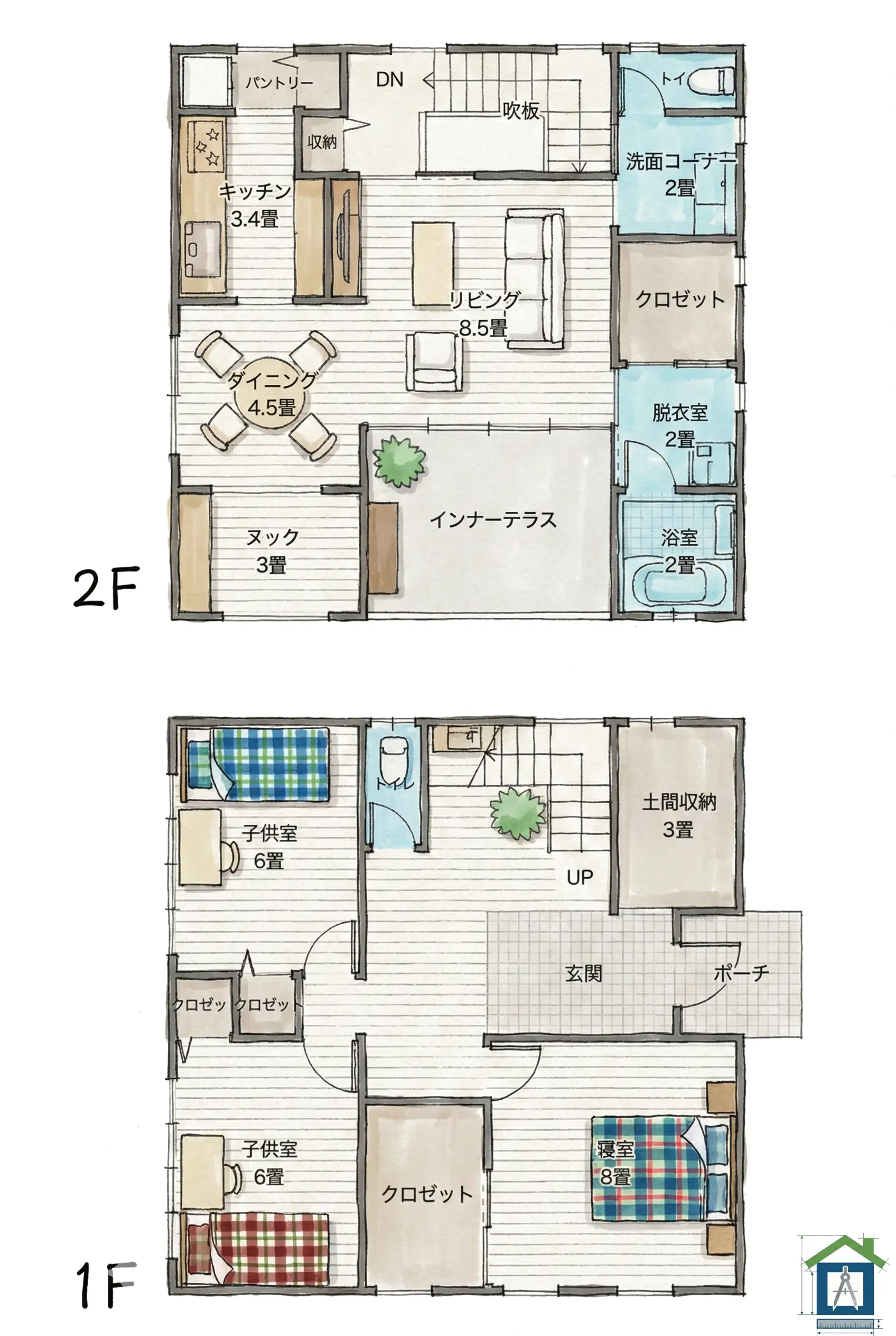 36坪・3LDKの間取り図。1階に個室、2階にLDKとインナーテラスを配置