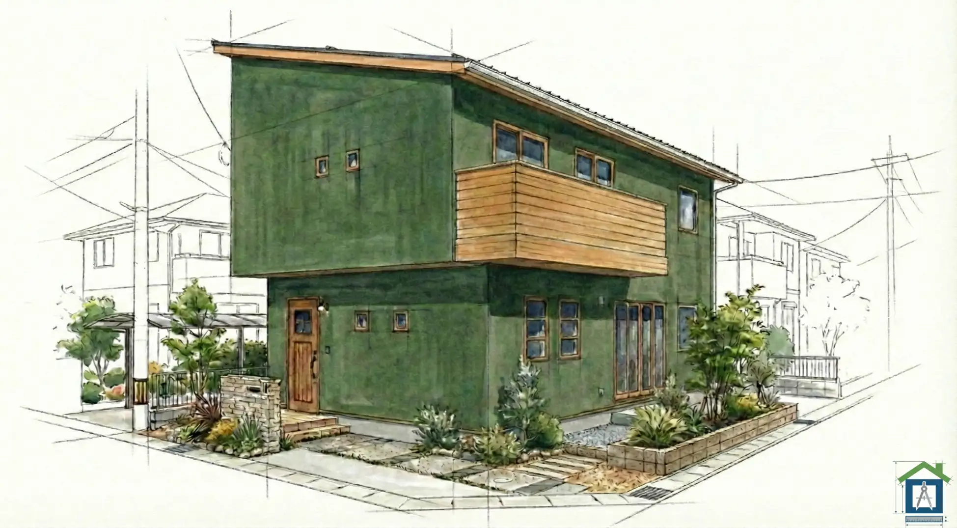 抹茶色をベースに、バルコニーを明るい木目腰壁にした外観