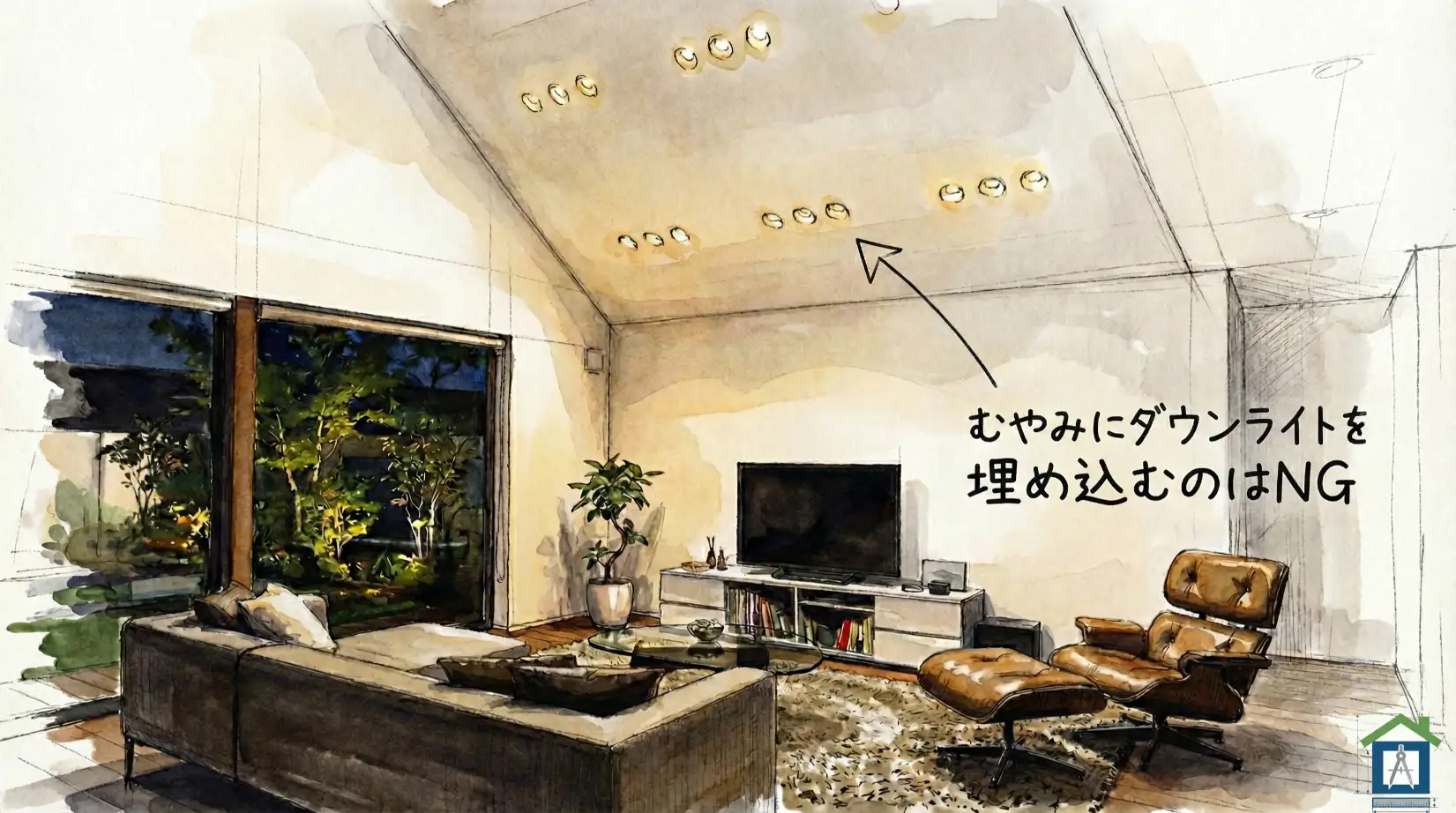 勾配天井に大量のダウンライトが埋め込まれているイラスト