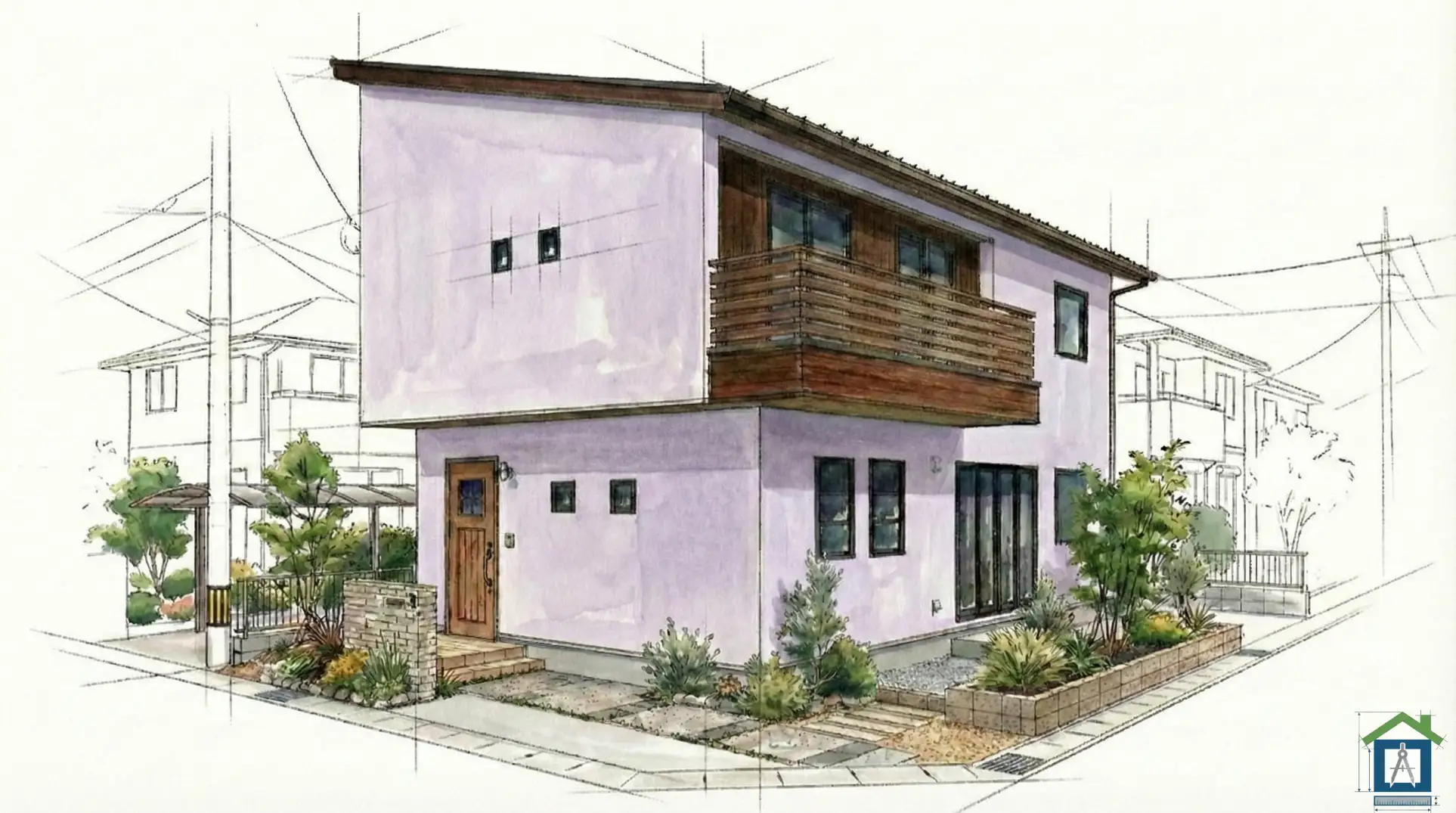 淡い紫をベースに、バルコニーを焦げ茶の木目にした外観