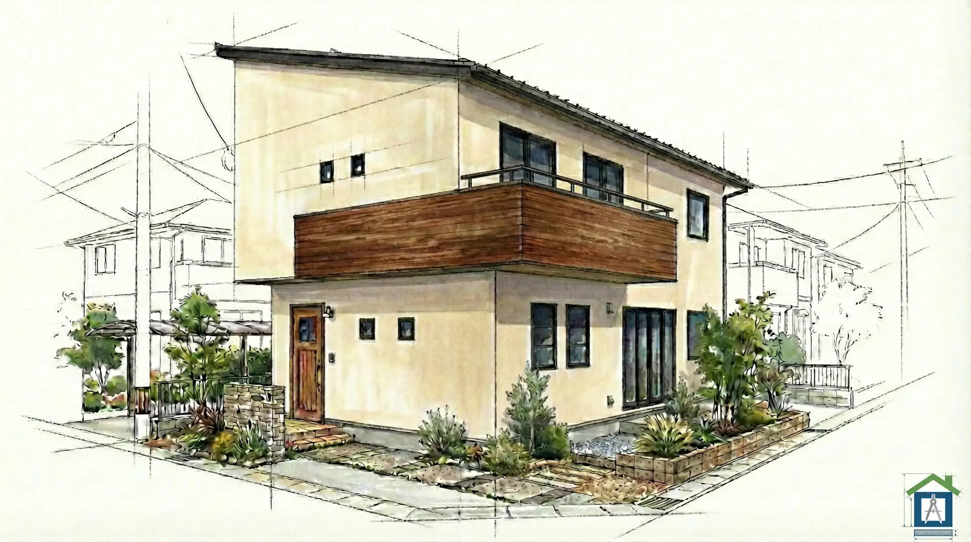 アイボリーをベースに、バルコニーを濃い茶色にした外観