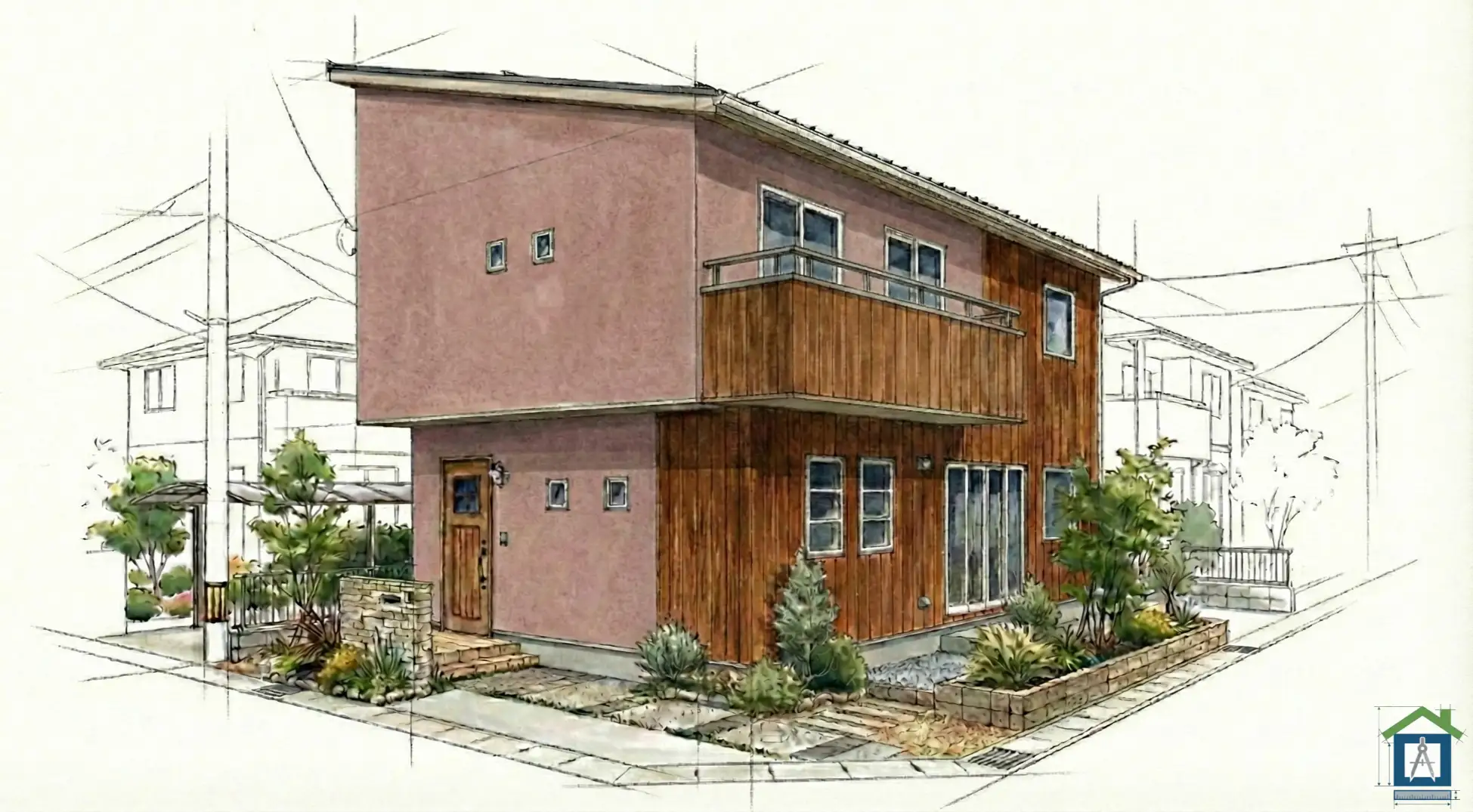 側面を焦げ茶、前面をあずき色にした渋い和風外観