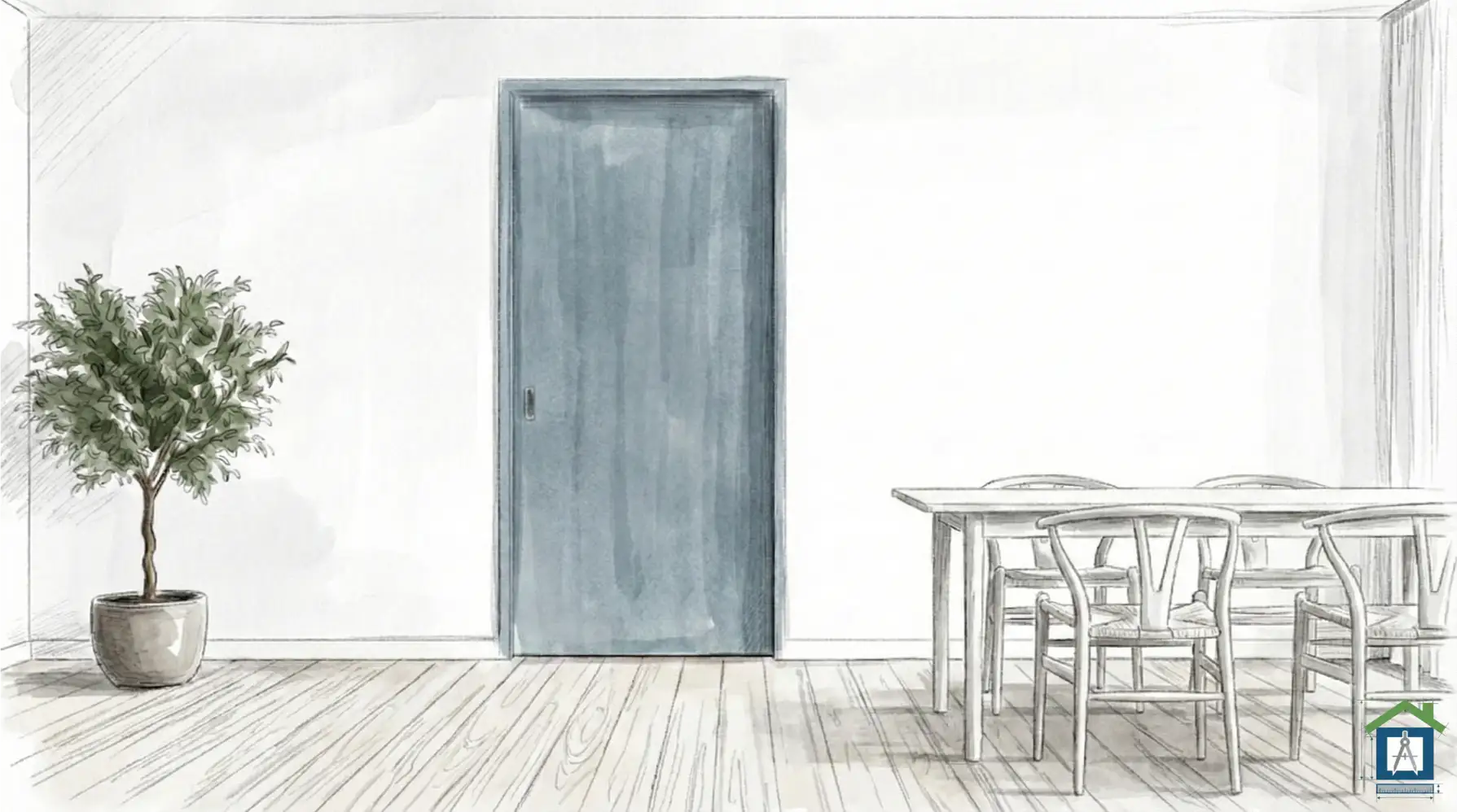 白い床にくすんだ水色(ブルーグレー)のドアを合わせた北欧風リビング