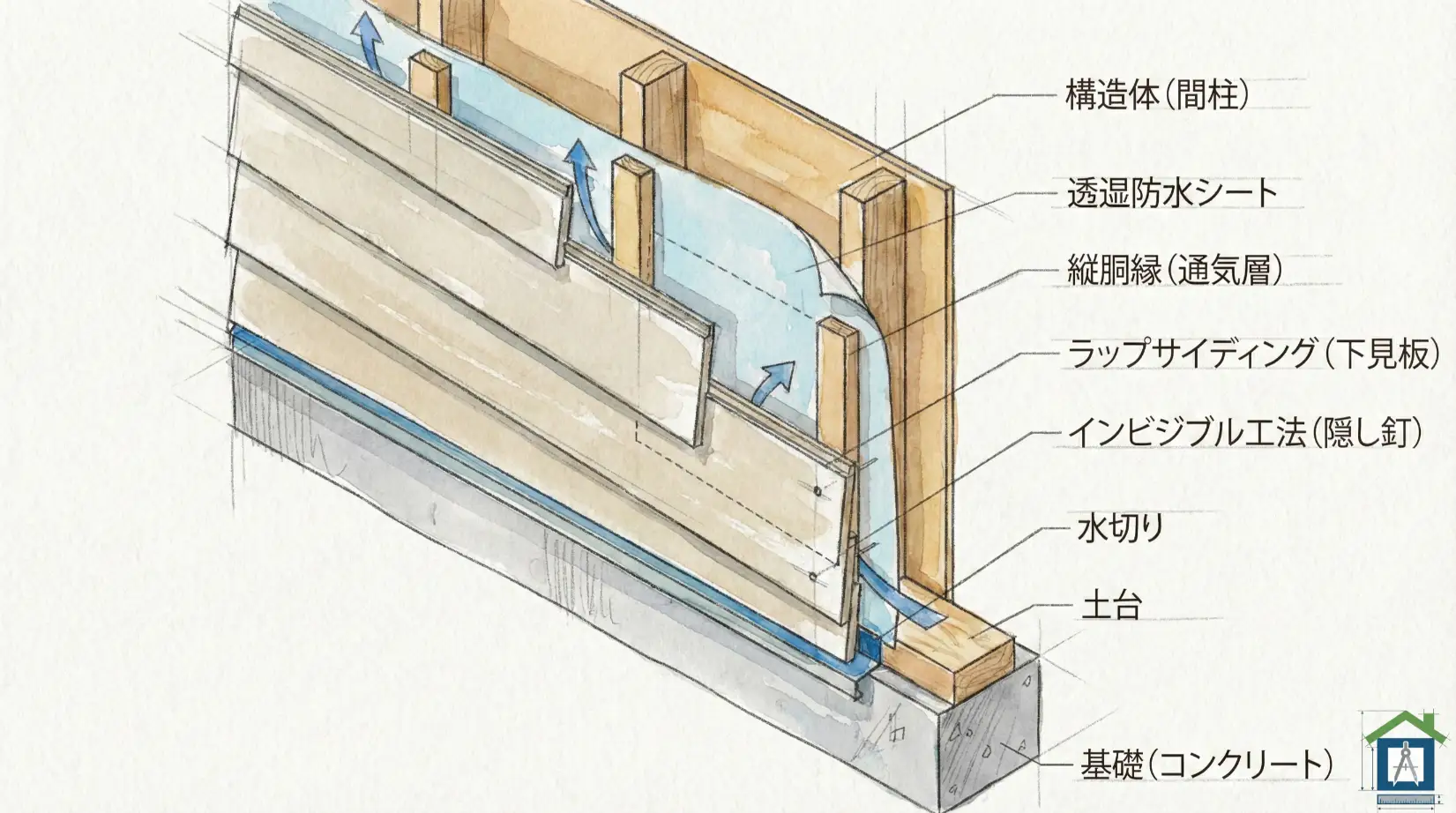 ラップサイディングの構造解説図。板を重ねて貼ることで陰影が生まれる仕組み