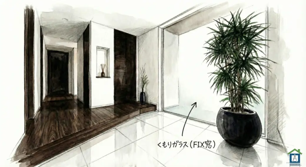開かないFIX仕様のくもりガラス窓のイラスト