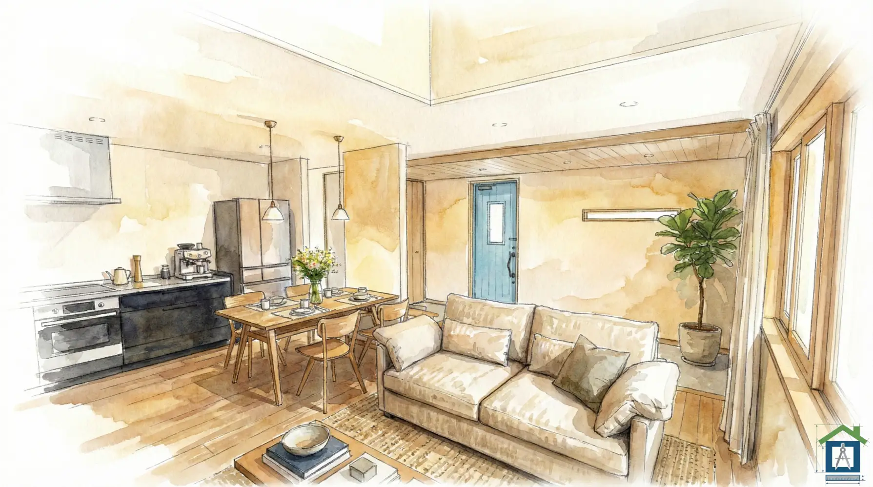 広々とした壁付けキッチンのあるLDK内観パース