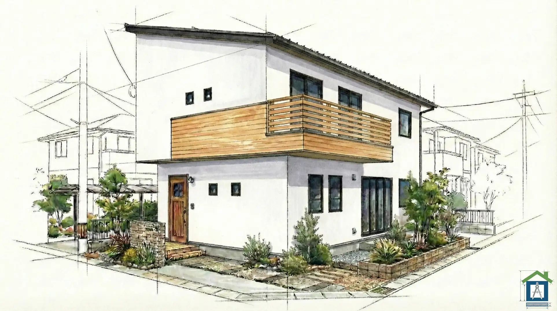 白をベースに、バルコニーを明るい木目格子にした外観