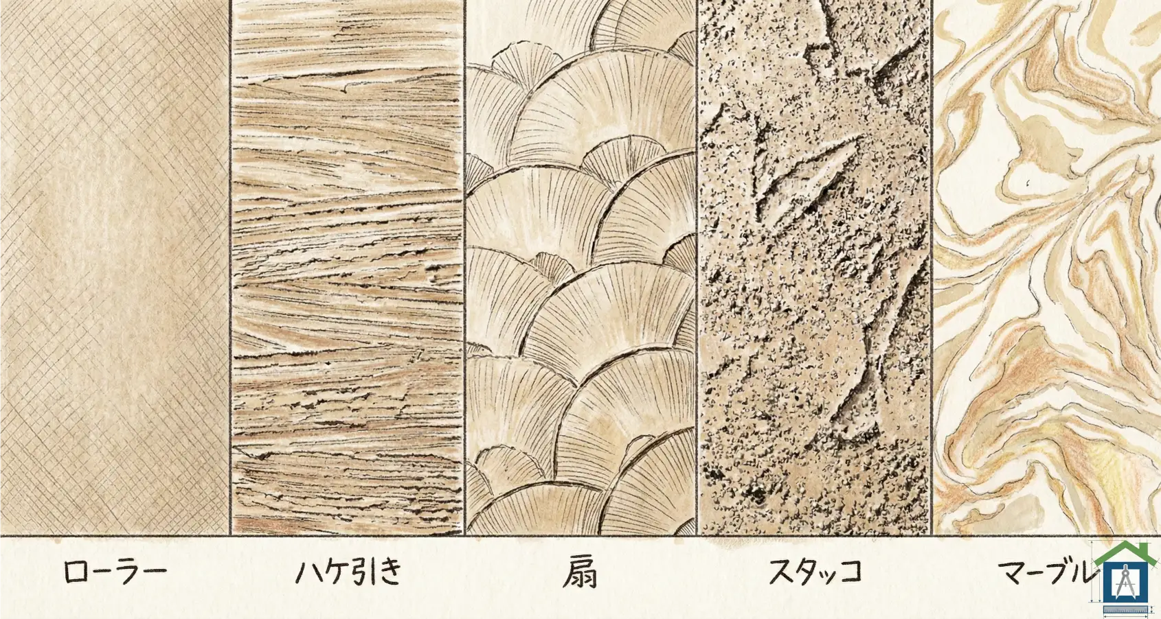 ジョリパットの仕上げパターン5種類の比較