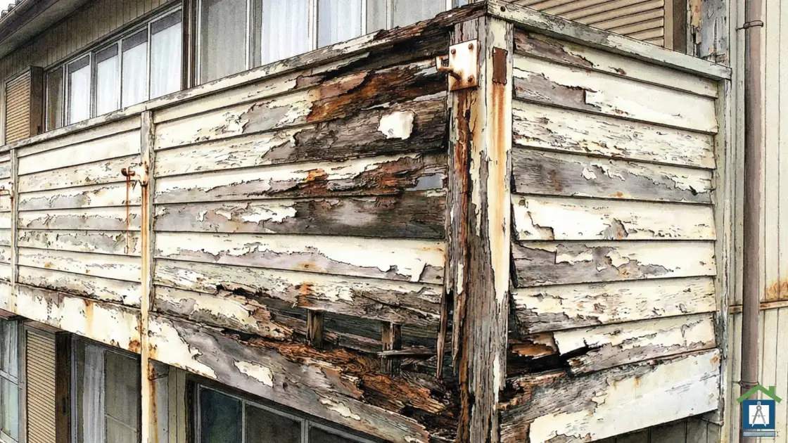 腐食が進んで塗装が剥げた危険な木製ベランダ