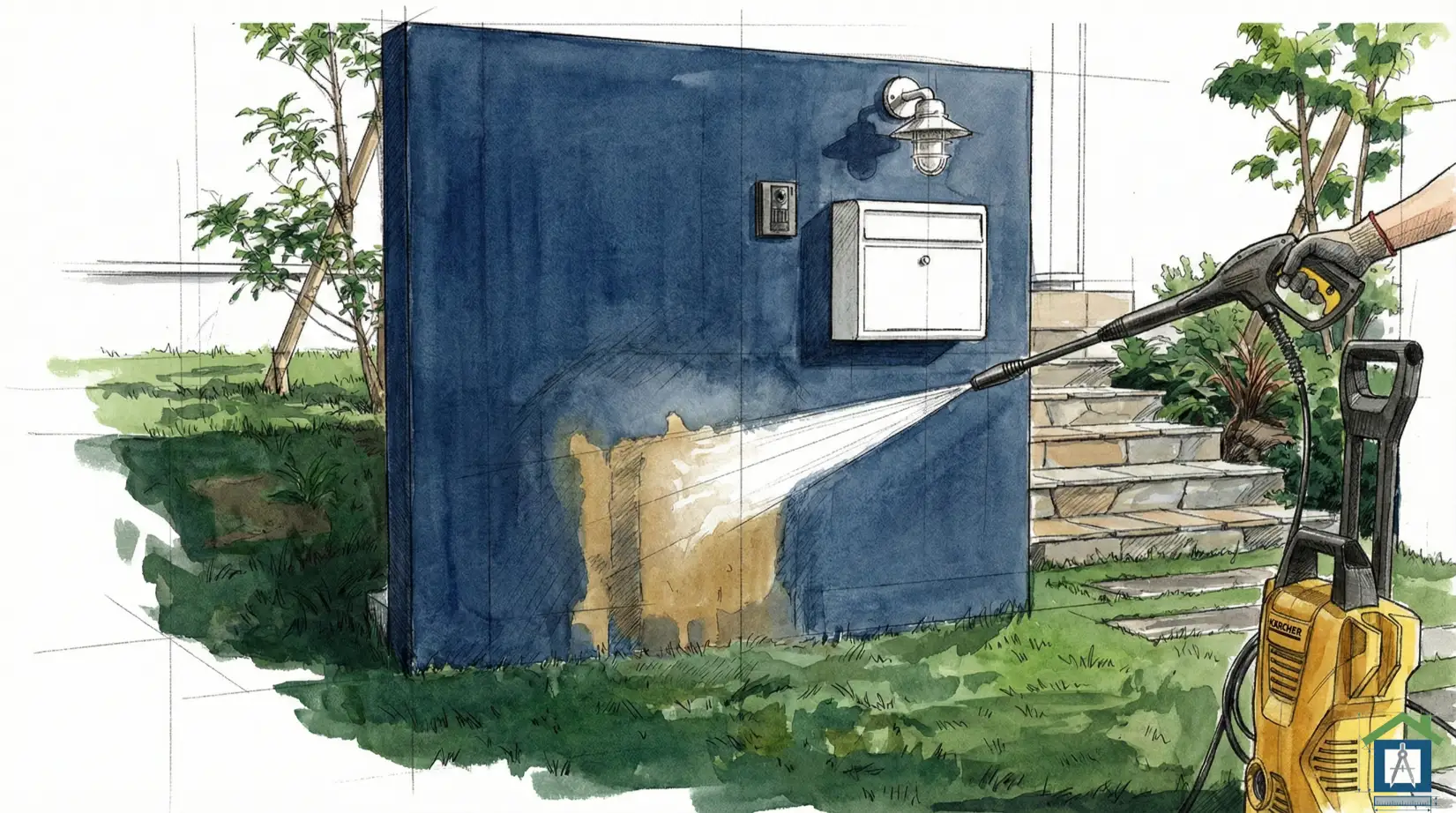 塗壁門柱に高圧洗浄機を当てて塗装が剥がれる様子