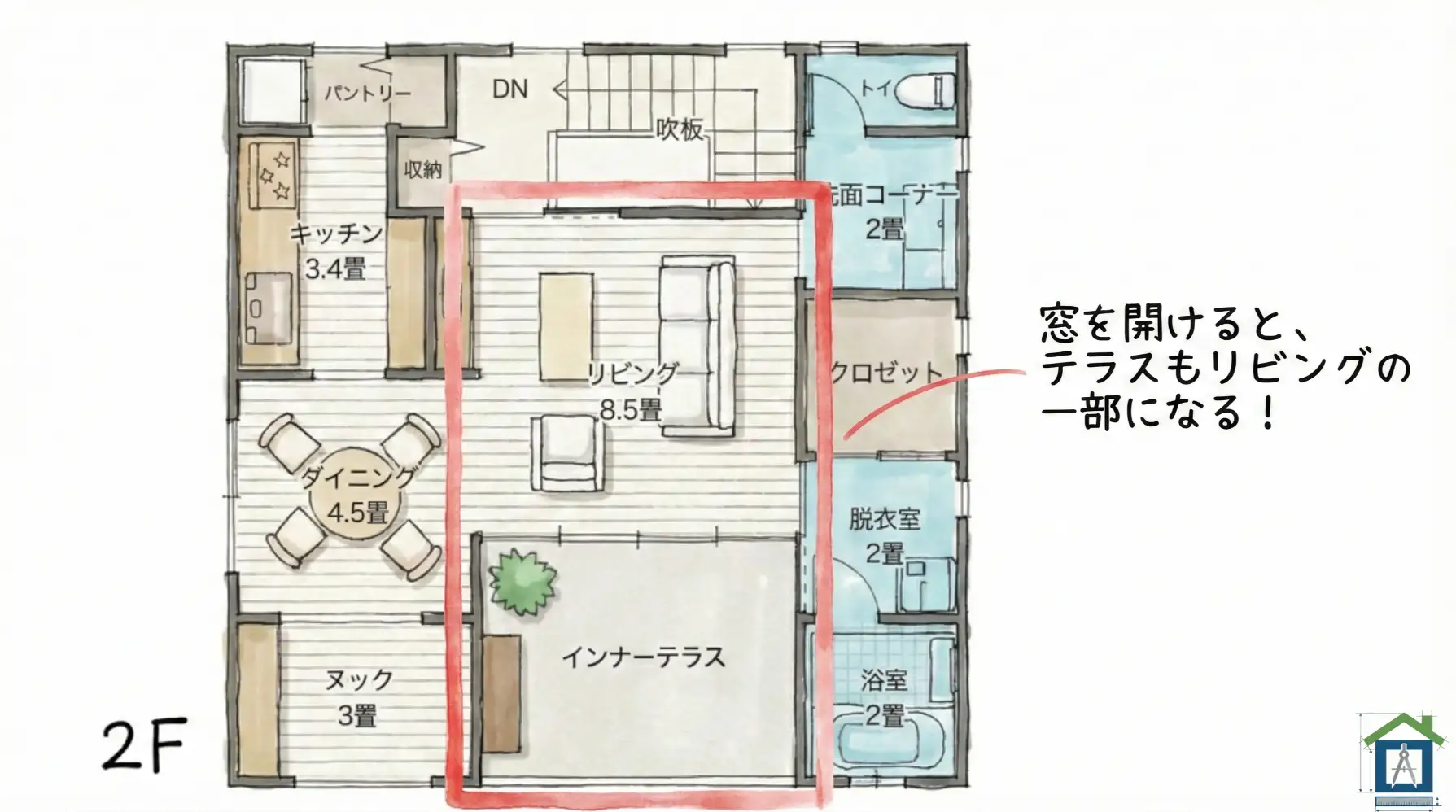 2階間取り図。リビングとテラスが一体化するエリアを赤枠で強調