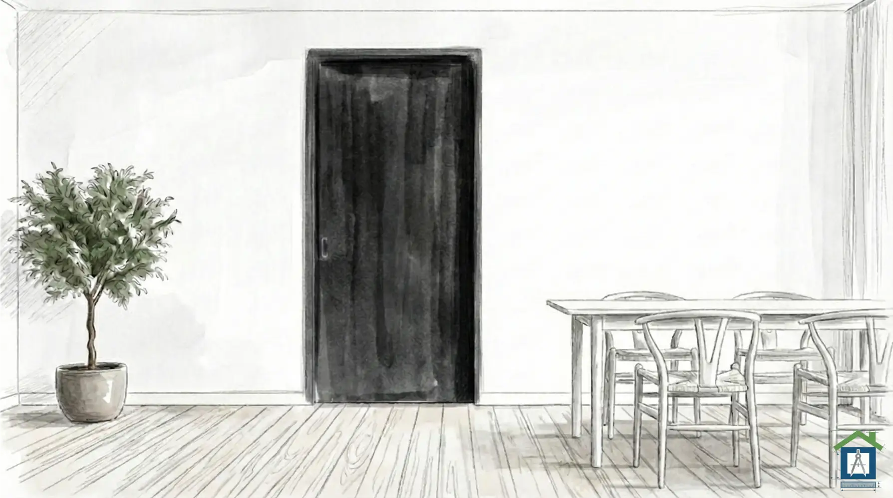 白い床にマットブラックのドアを合わせたモダンなリビング