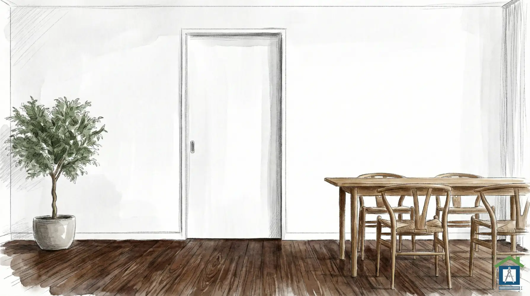 ウォールナットの床に白いドアを合わせたメリハリのあるリビング