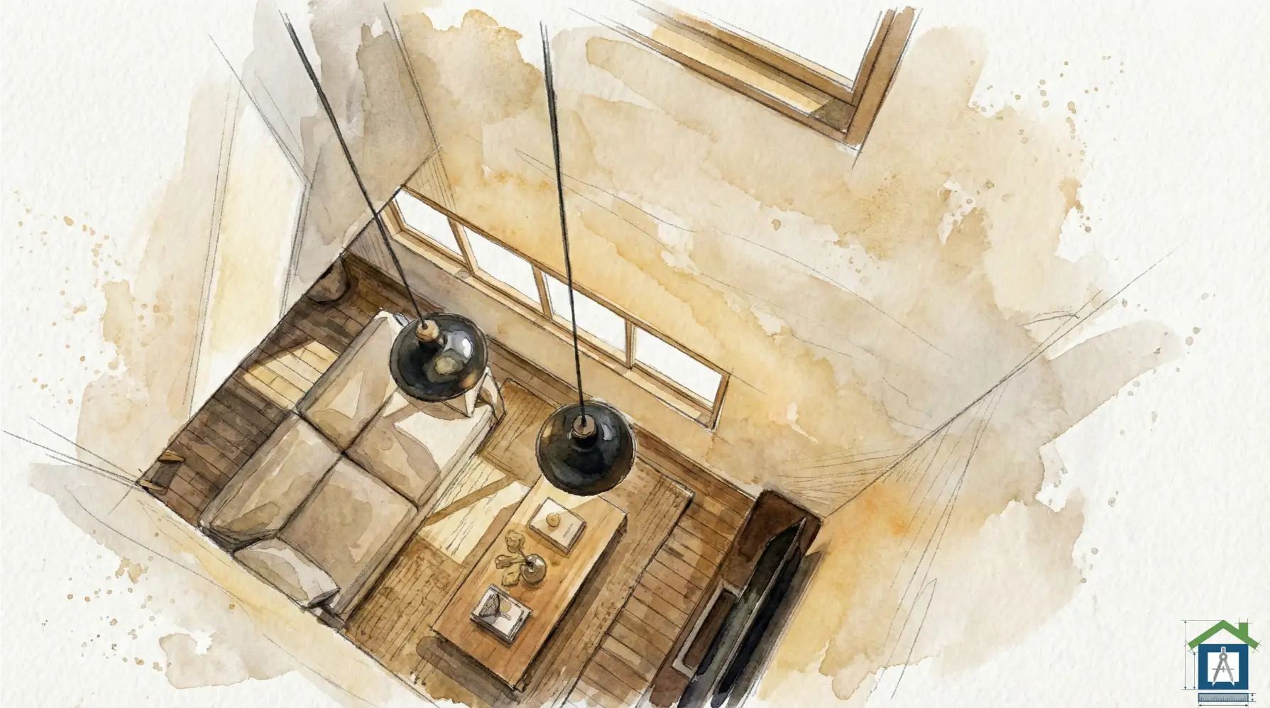 吹き抜けから光が差し込む明るいリビングの内観パース