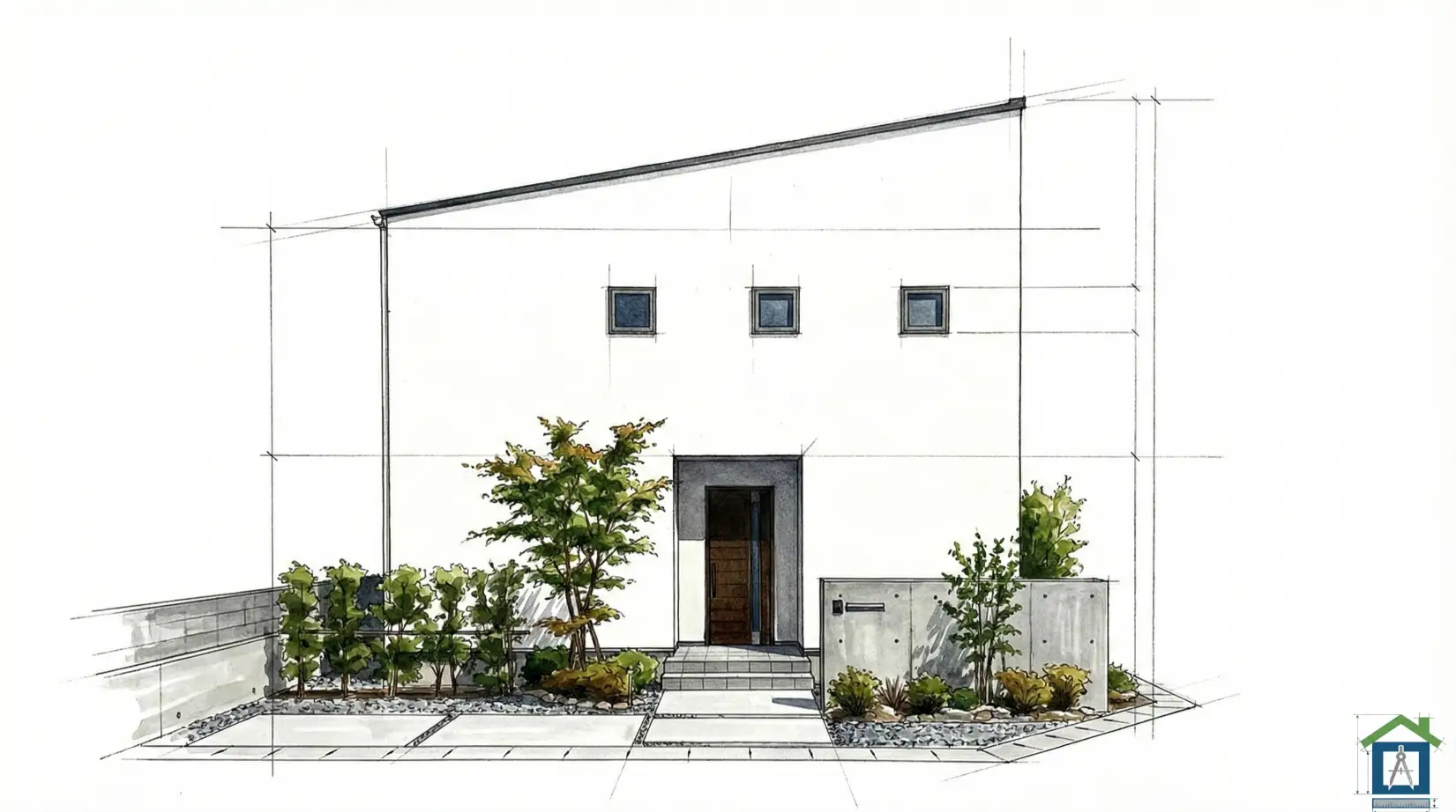 道路側に窓がないシンプルモダンな外観パース。白い塗り壁と木目の玄関ドアが特徴