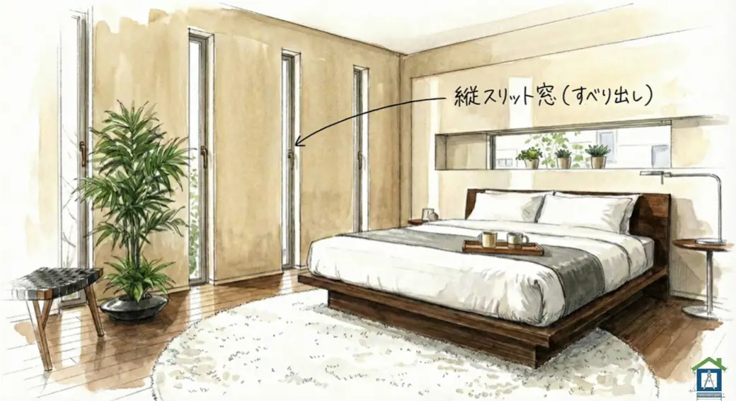 縦スリット窓が並ぶおしゃれな外観のイラスト