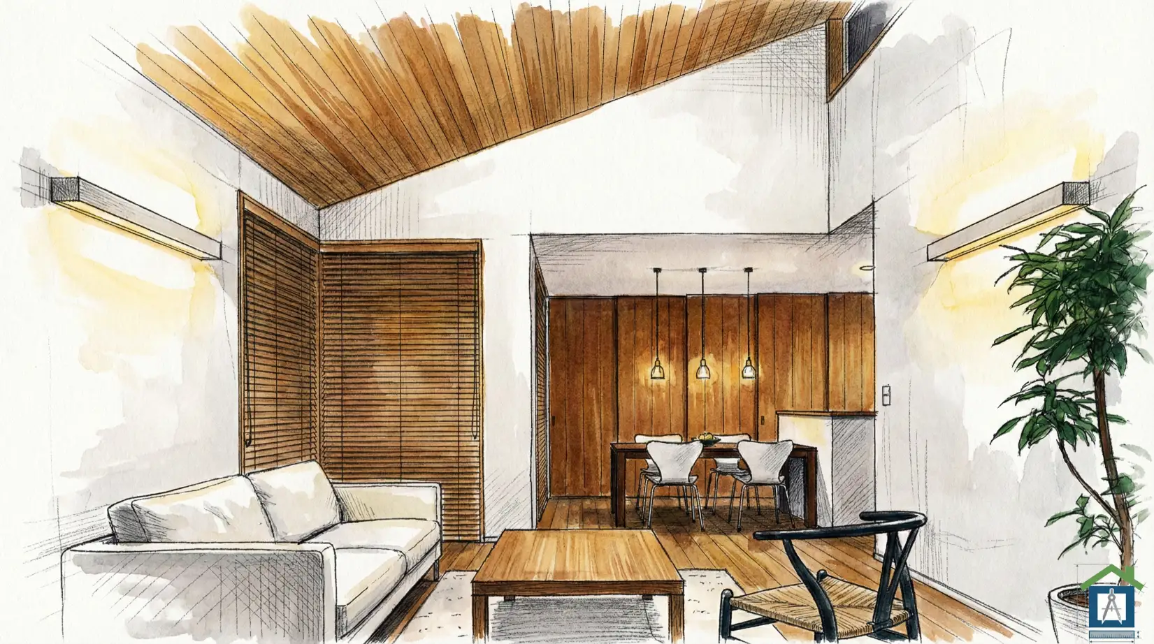 壁面にブラケットライトが設置されているおしゃれな部屋のイラスト