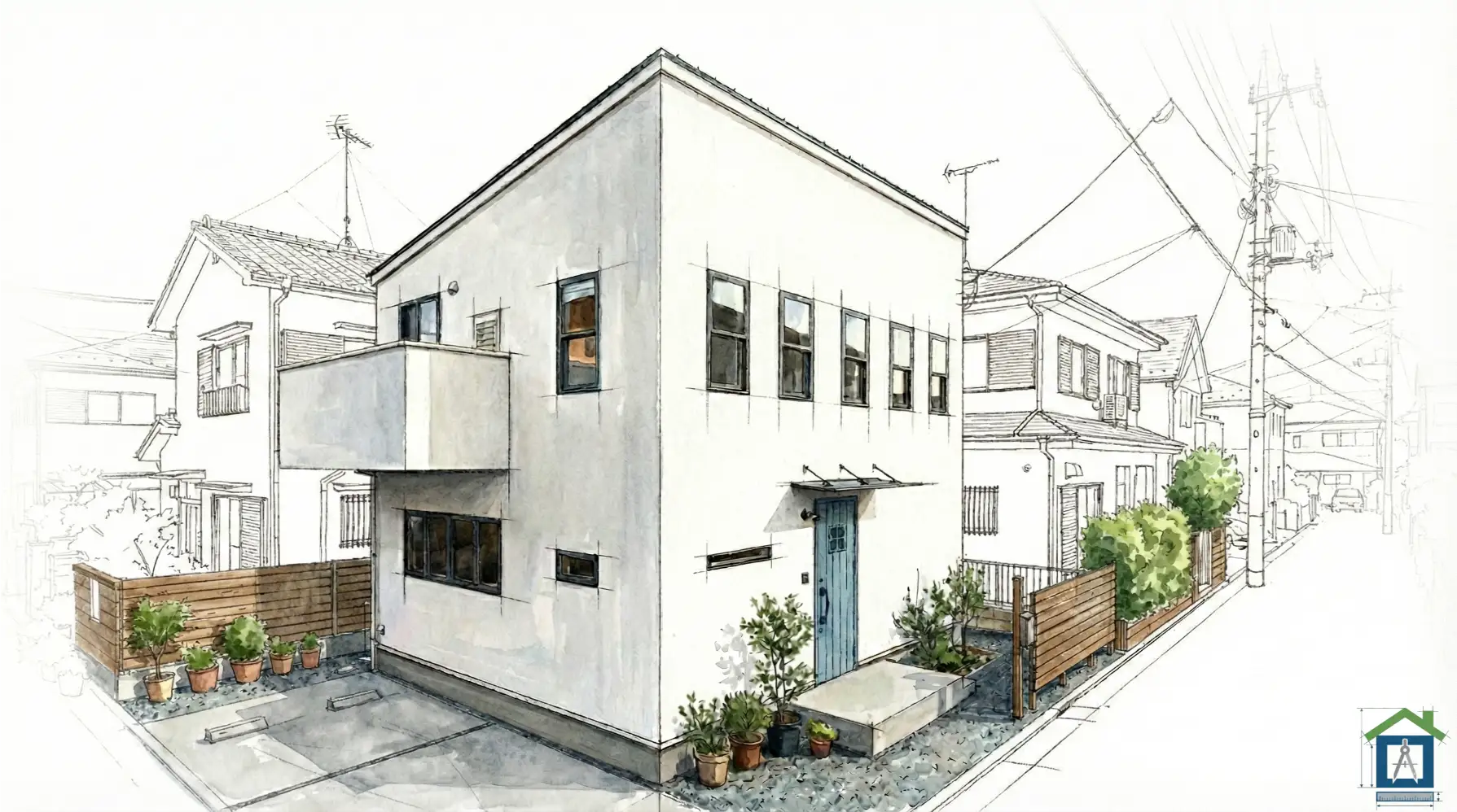 シンプルモダンな白い箱型の外観パース