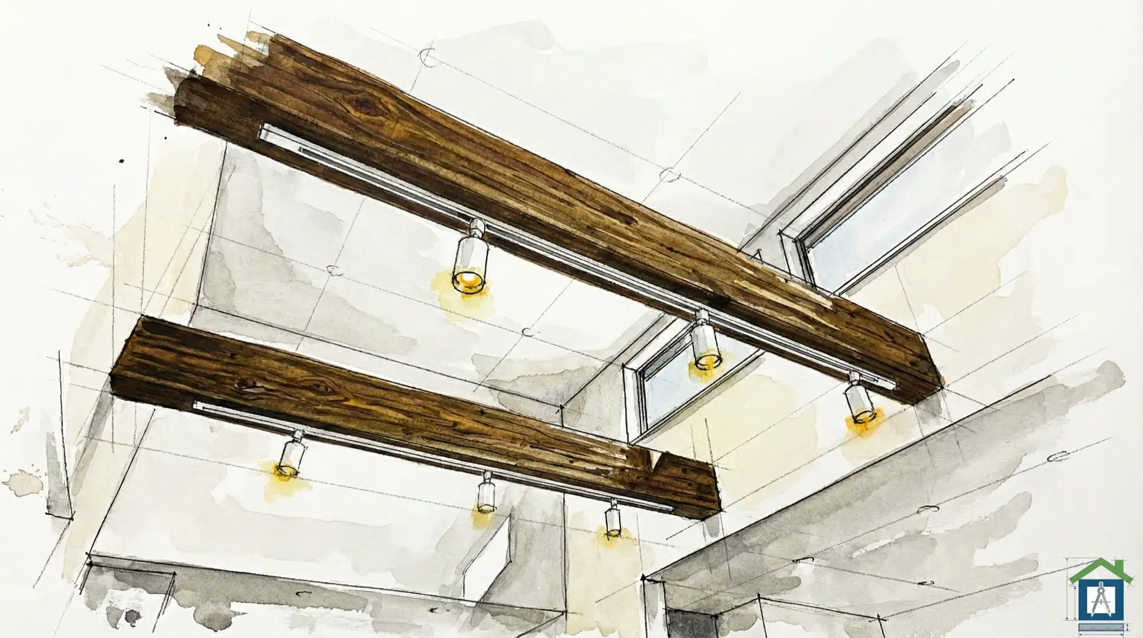 化粧梁にダクトレールとスポットライトが付いているイラスト