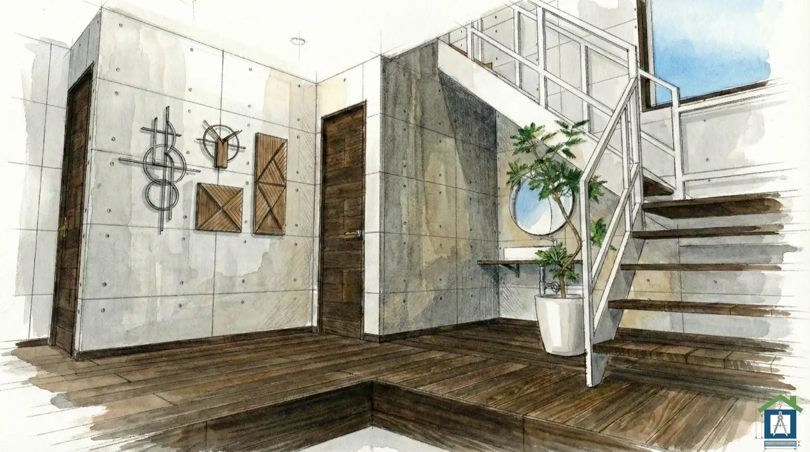 吹き抜けとスケルトン階段で明るい玄関ホールの内観パース