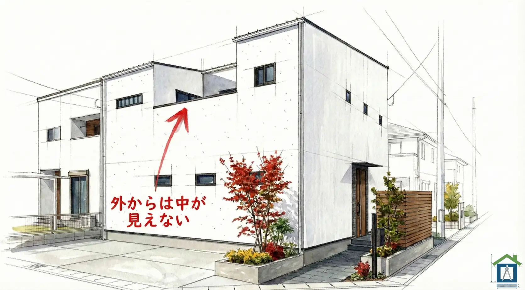 外からの視線を壁で遮りつつ、上部から採光する仕組みを解説した図