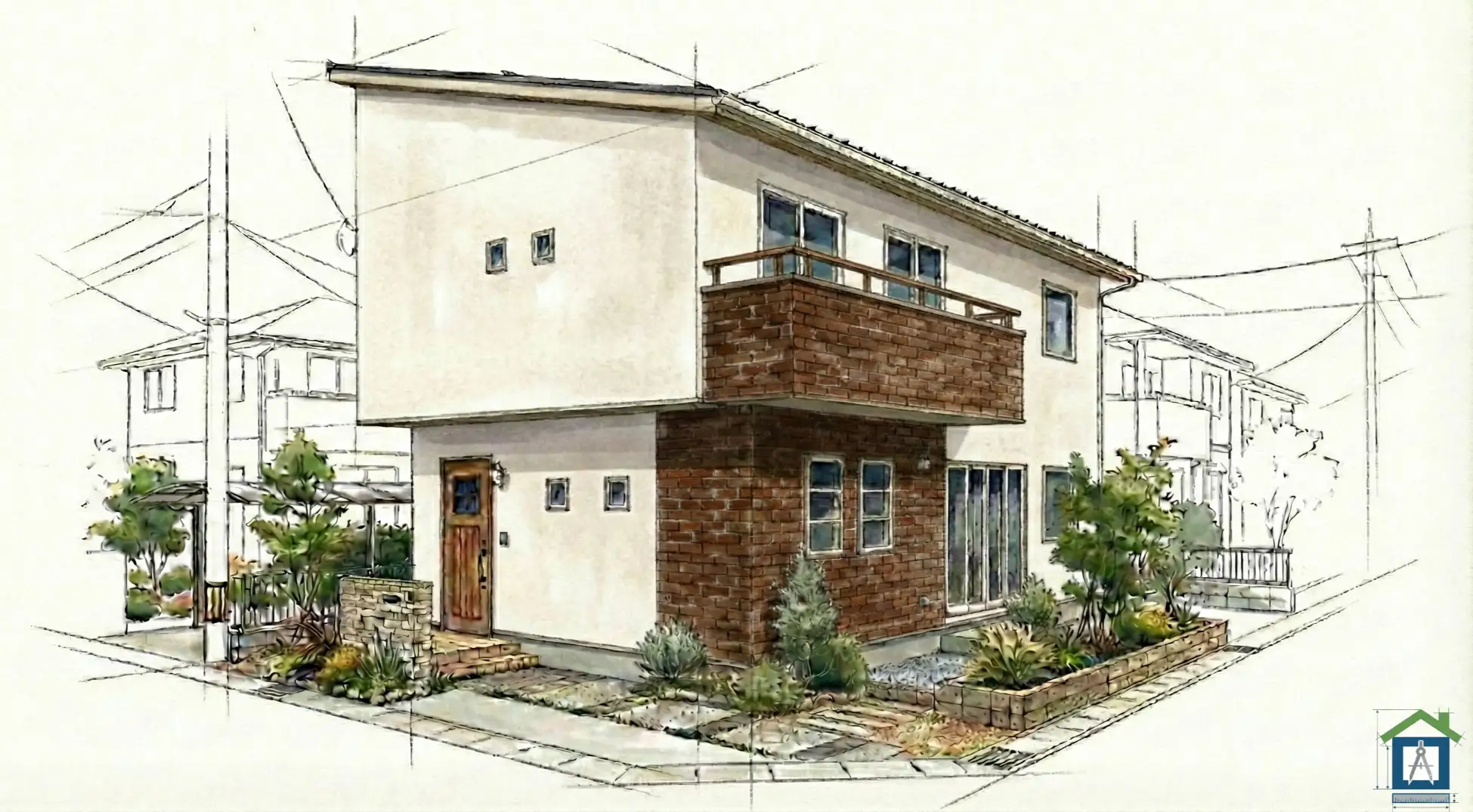 白をベースに、バルコニーを明るいレンガ調にした外観