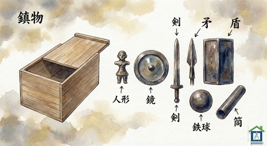 鎮め物の桐箱と、中に入っている人形・鏡・矛・盾・玉などのイラスト