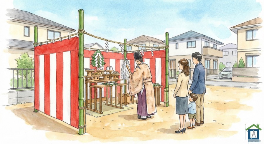 地鎮祭の様子。紅白幕の祭壇の前で家族と神主が並んでいるイラスト