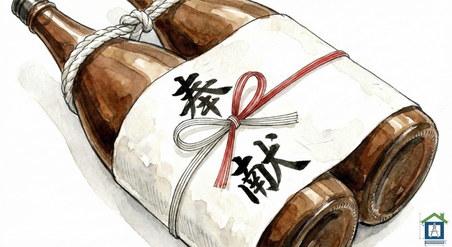奉献と書かれたのし紙が貼られた、一升瓶2本縛りのイラスト