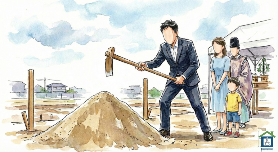 盛砂に鍬を入れる施主のイラスト。「エイ！エイ！エイ！」の掛け声