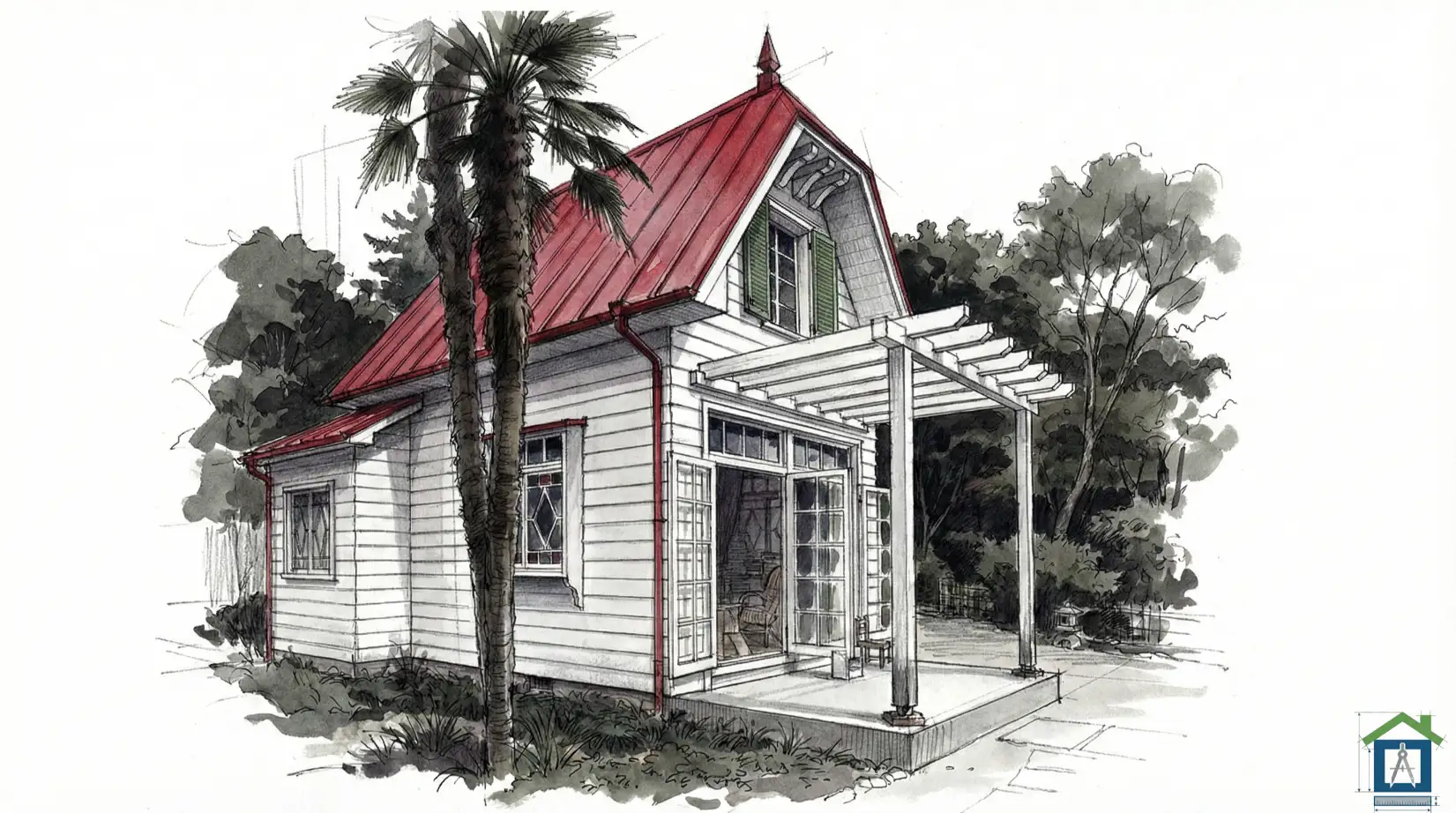 サツキとメイの家を正面から見た外観パース。特徴的な赤い屋根とはかま腰屋根の形状がわかる