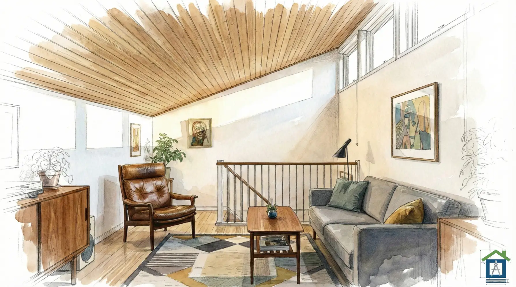 勾配天井とハイサイドライトで明るいリビング