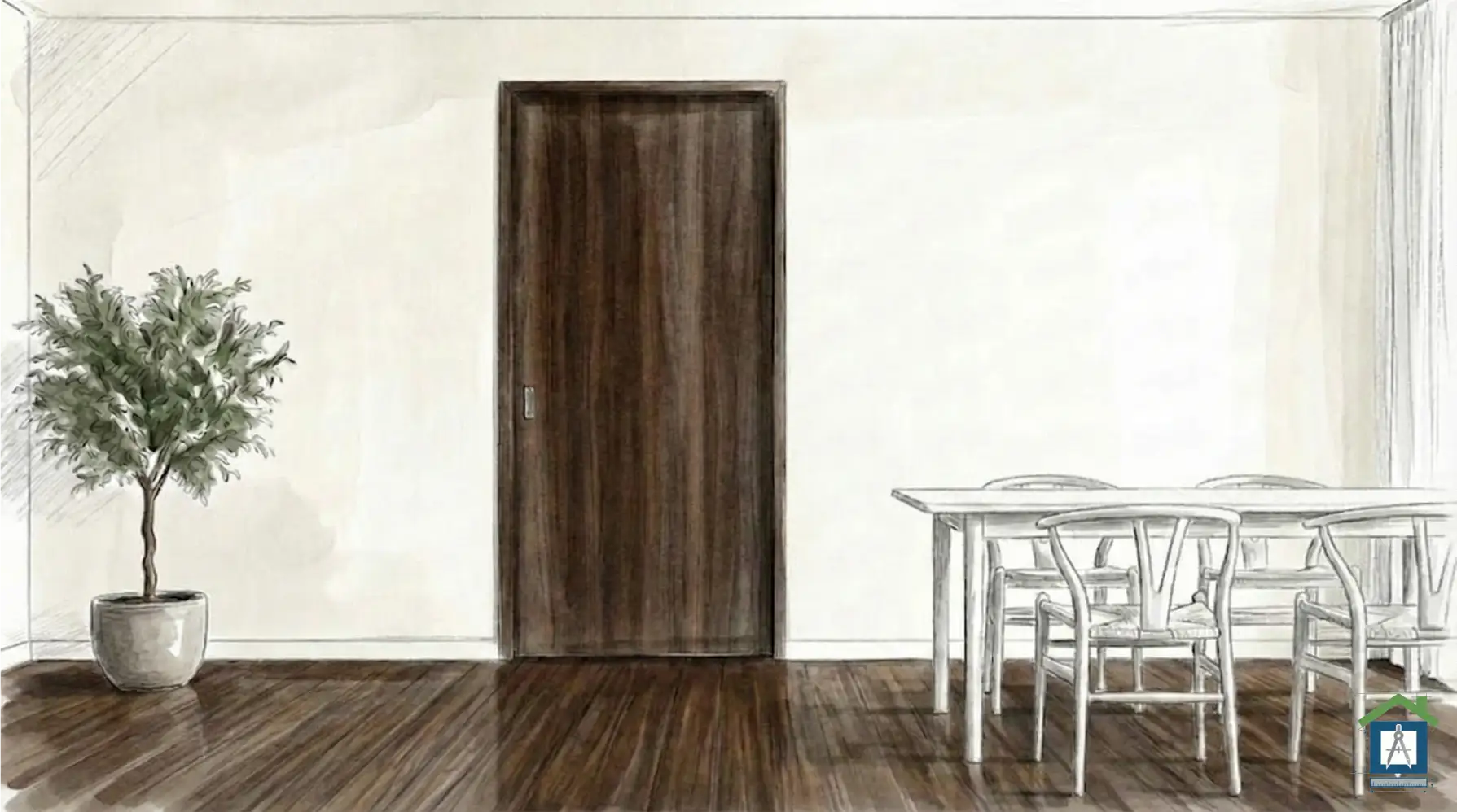 ウォールナットの床とドアを合わせた重厚感のあるリビング