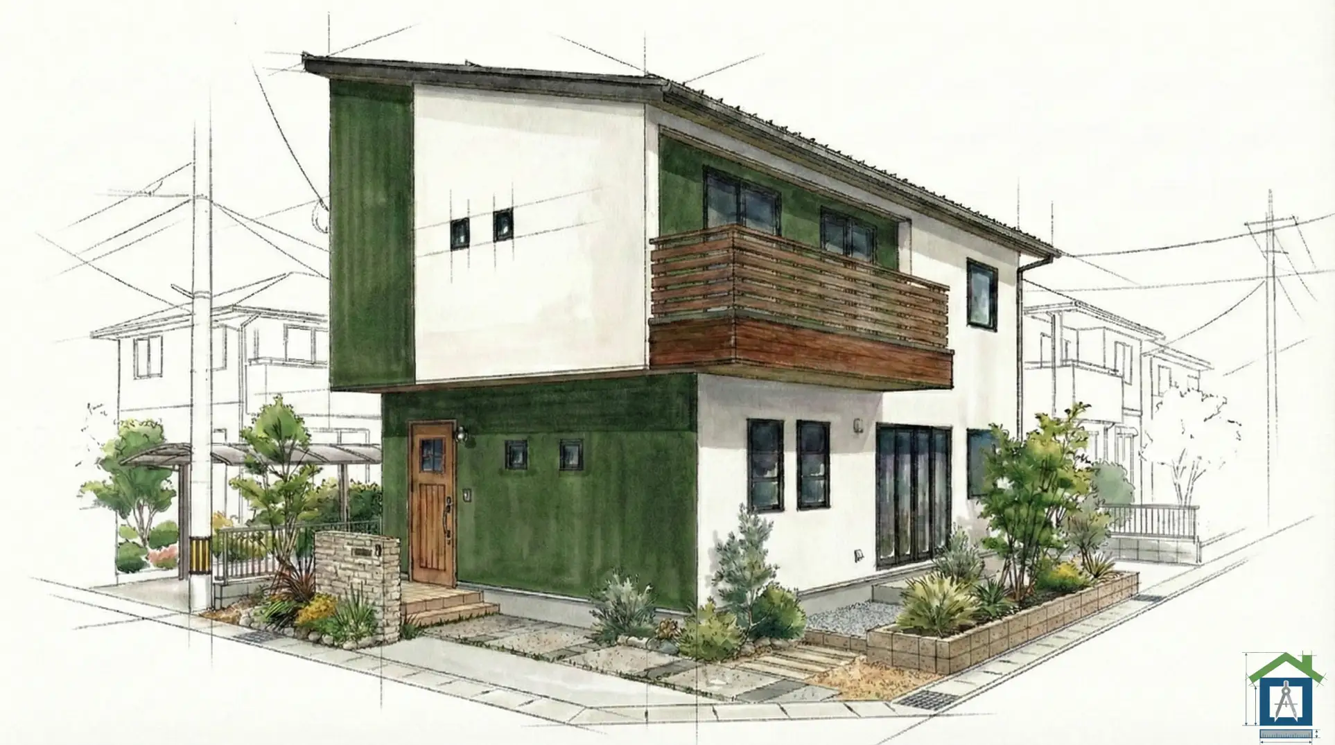 1階と側面を深緑、2階前面を白にしたフォレストスタイルの外観