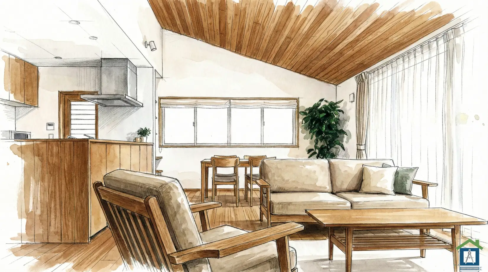 勾配天井と梁のある開放的なリビング