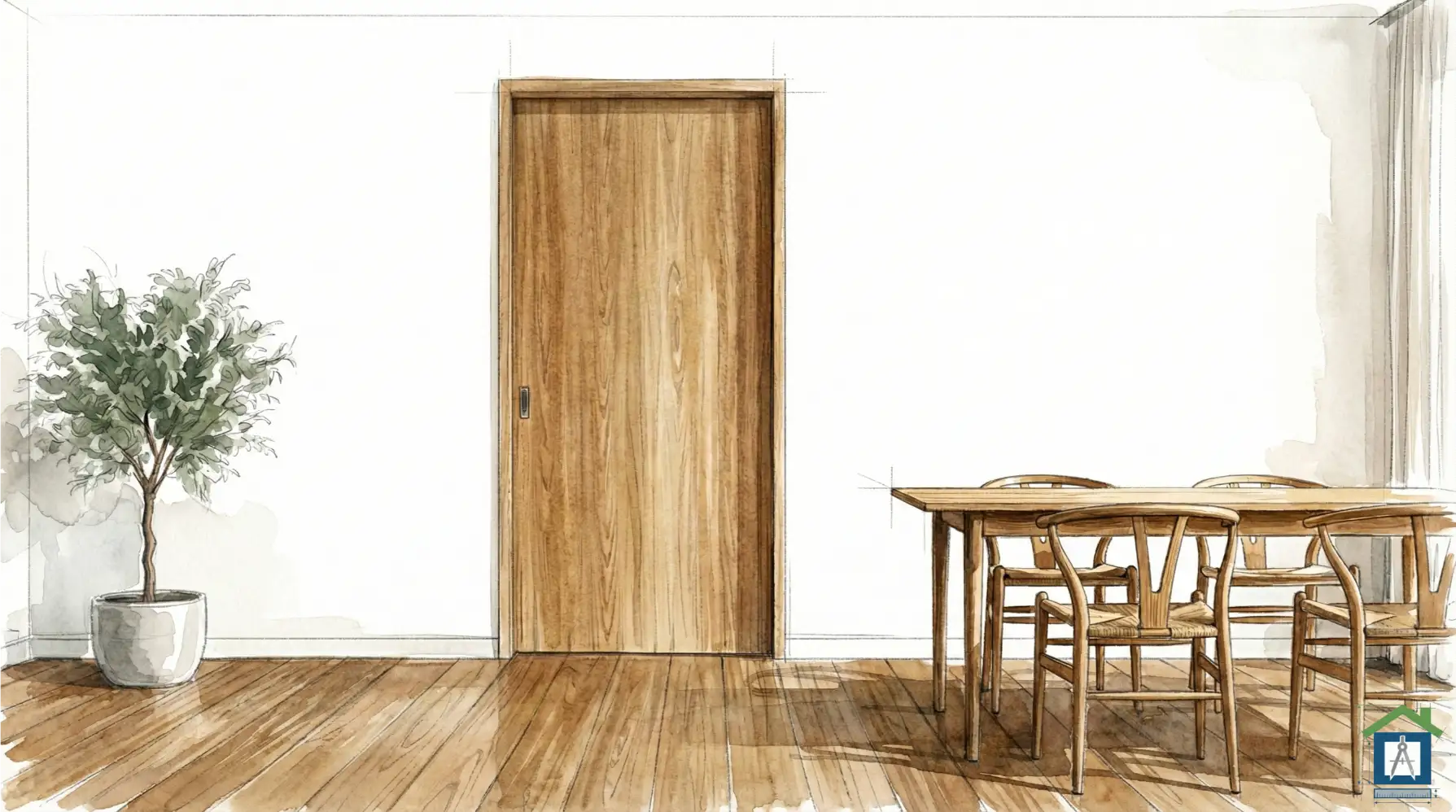 オーク材の床とオーク材のドアを合わせたナチュラルなリビング