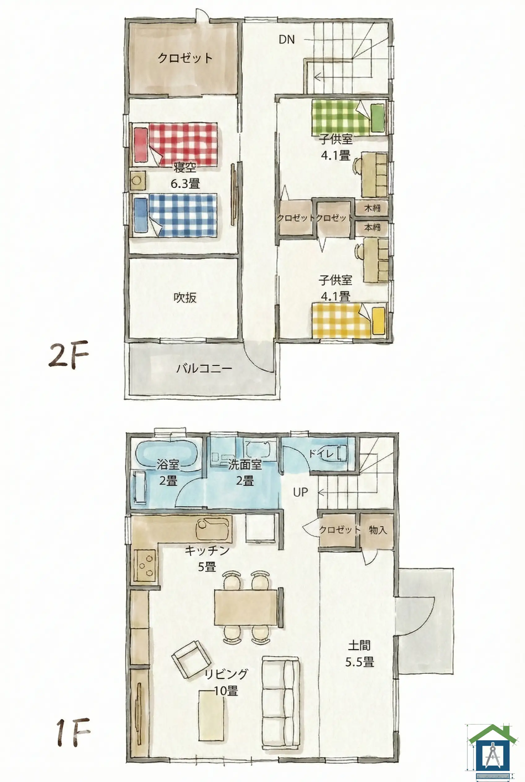 28坪の2階建て間取り図（1階と2階）