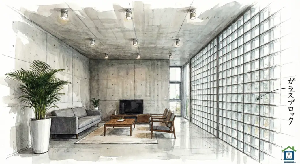 柔らかい光を通すおしゃれなガラスブロックの壁のイラスト