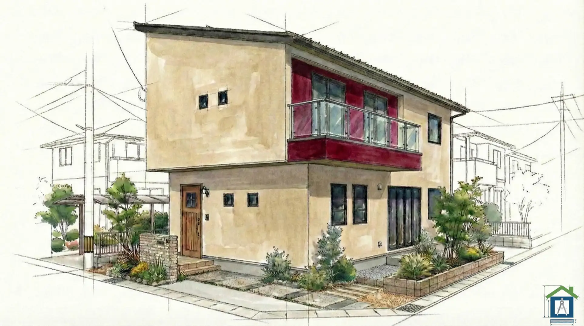 ベージュをベースに、バルコニーを赤のガラス手すりにした外観