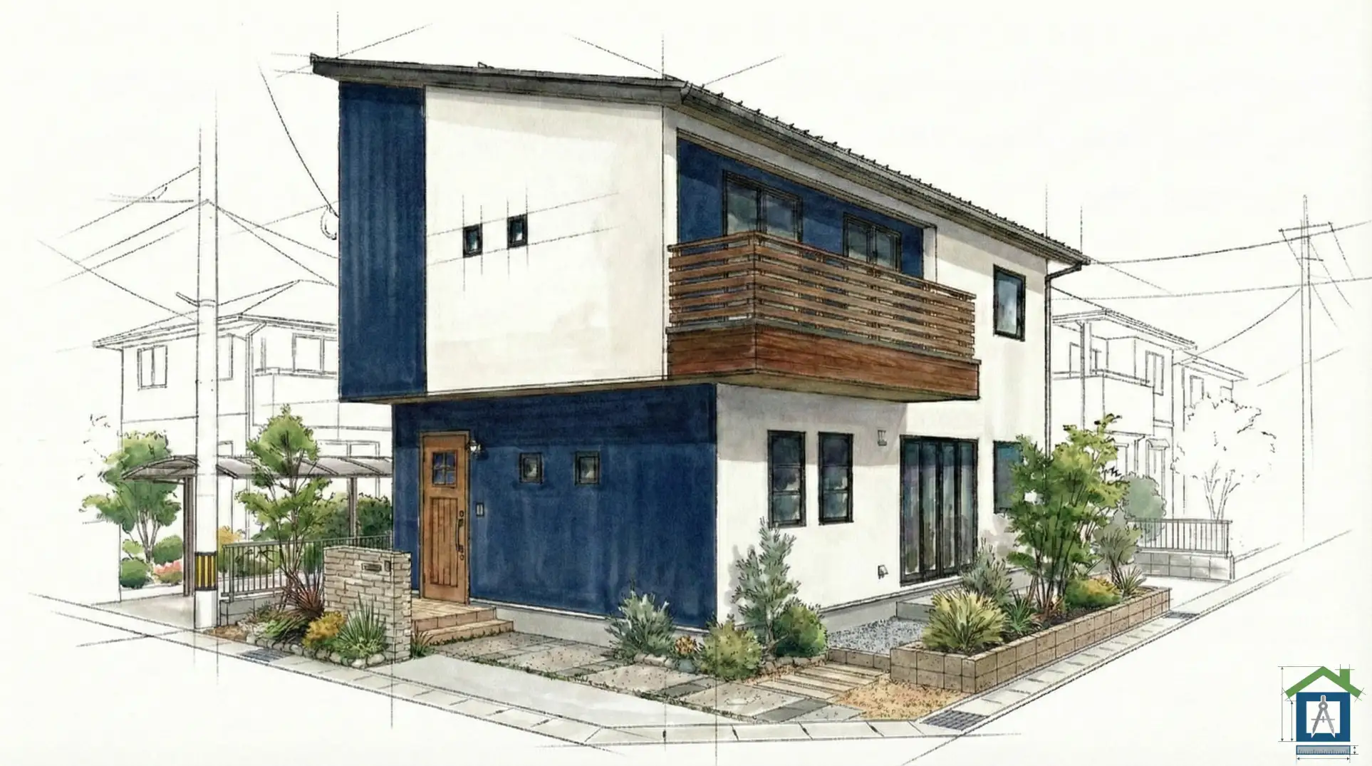 1階と側面をネイビー、2階前面を白にしたマリンスタイルの外観