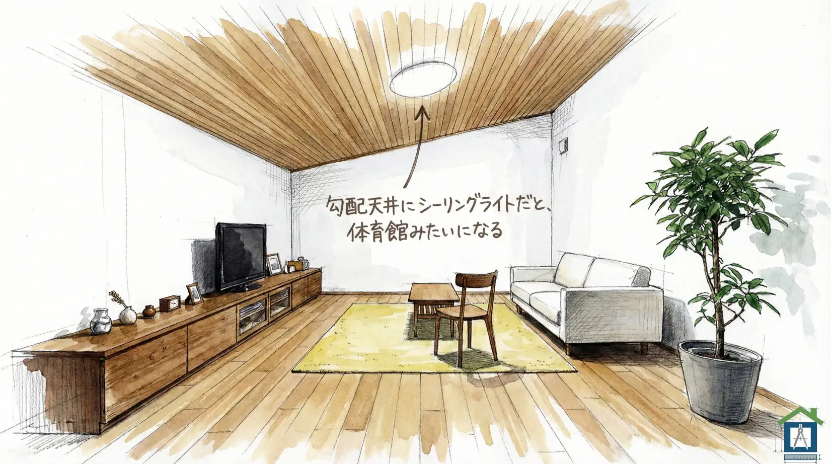 勾配天井に丸いシーリングライトが一つだけ付いている体育館のような部屋のイラスト