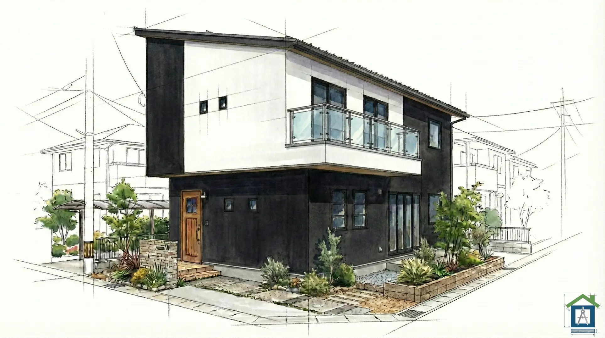 1階と側面を黒、2階前面を白にした縦割りモダンの外観