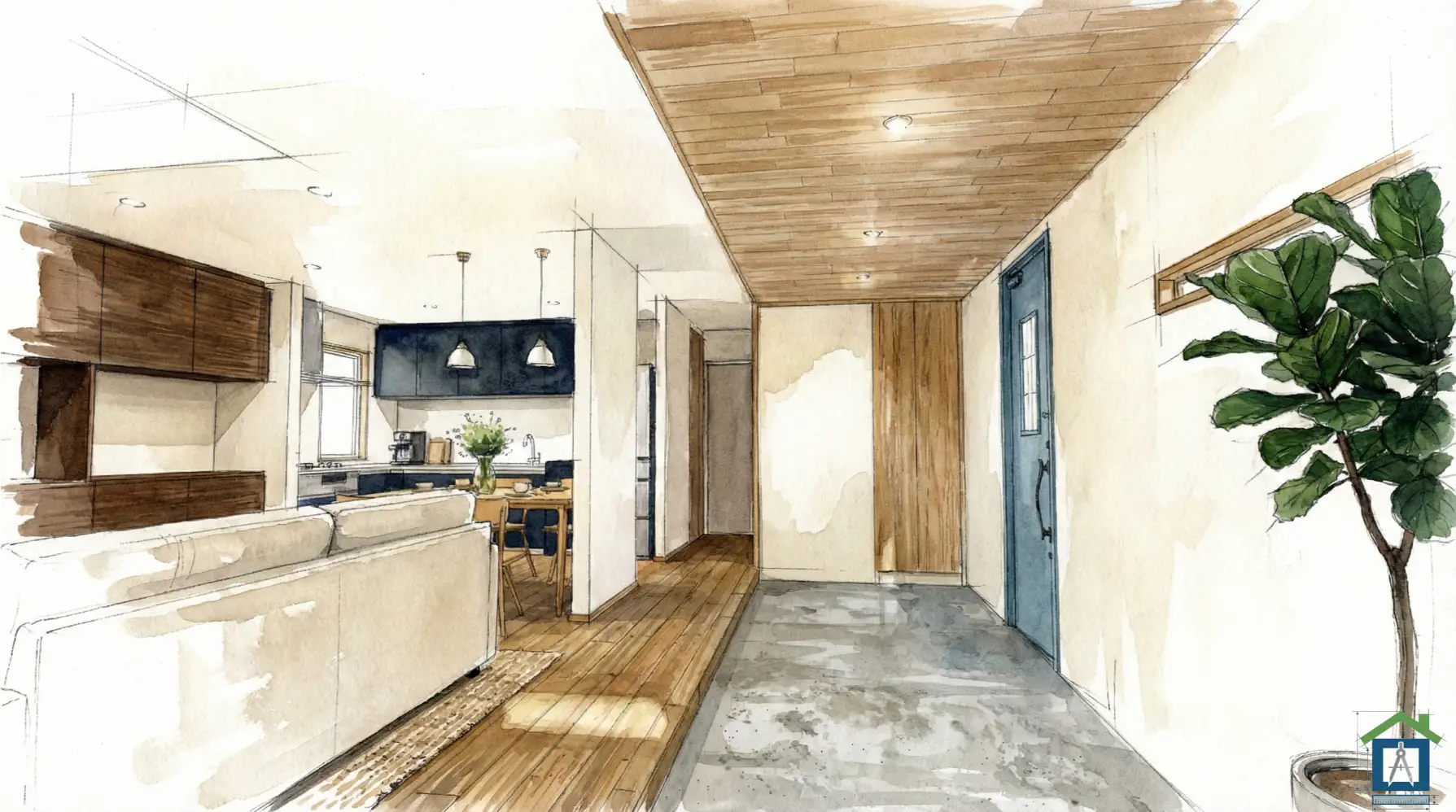 玄関を入ってすぐに広がるおしゃれな土間スペースの内観パース