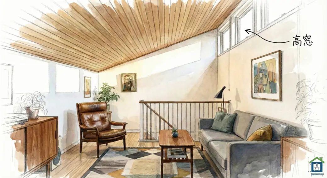 勾配天井とハイサイドライトのある明るい部屋のイラスト