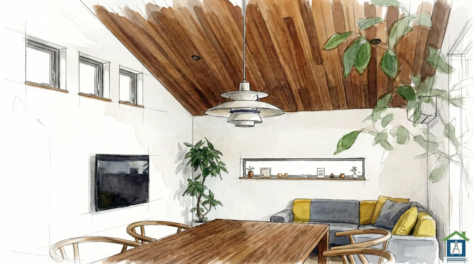 勾配天井のリビングにペンダントライトが吊るされているイラスト