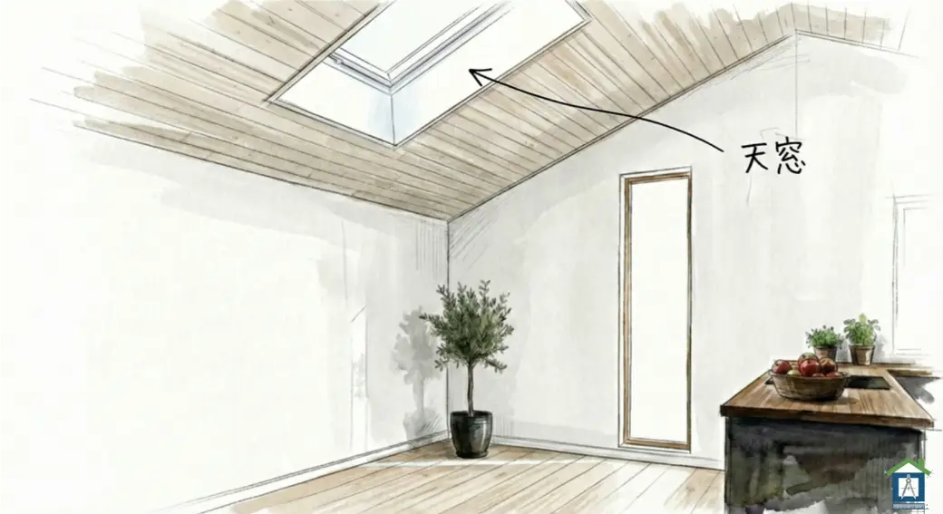 天井から明るい光が降り注ぐ天窓のイラスト