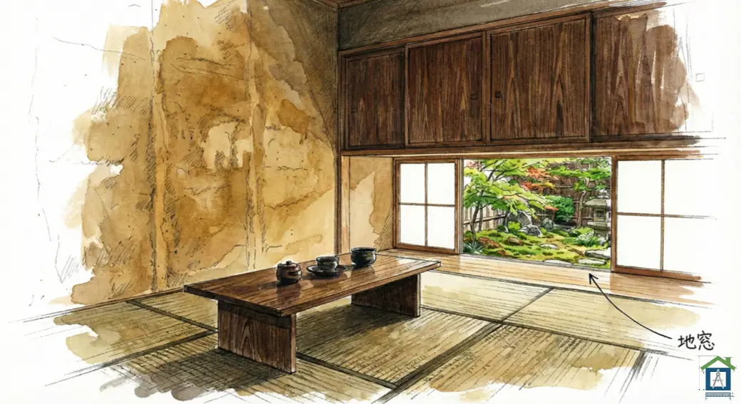 足元から光と風を取り込む地窓のイラスト