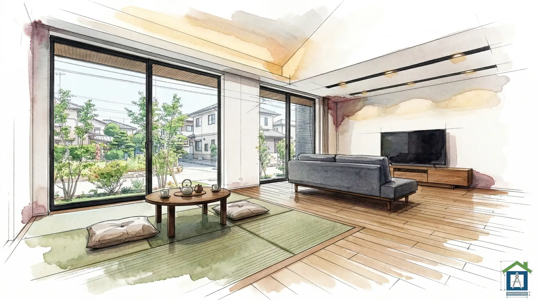 リビングとフラットに繋がるおしゃれなタタミコーナー